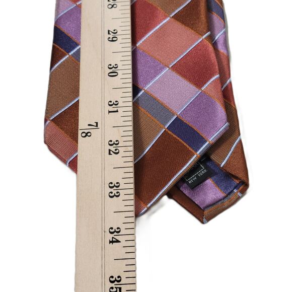 Ike Behar Mens Tie Rust Purple Blue Tan Check Woven Silk Necktie Dressy Career - Picture 7 of 7
